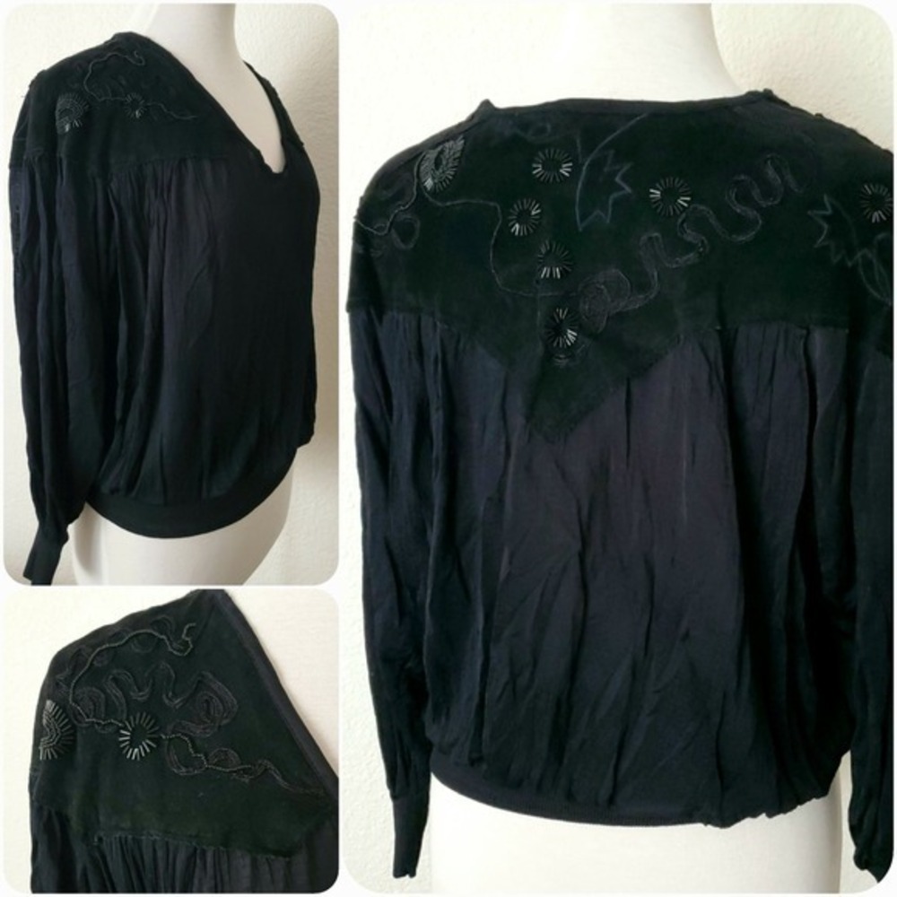 Vintage Marc D'Alcy Black Beaded Suede Embroidered Long Sleeve Blouse Western S